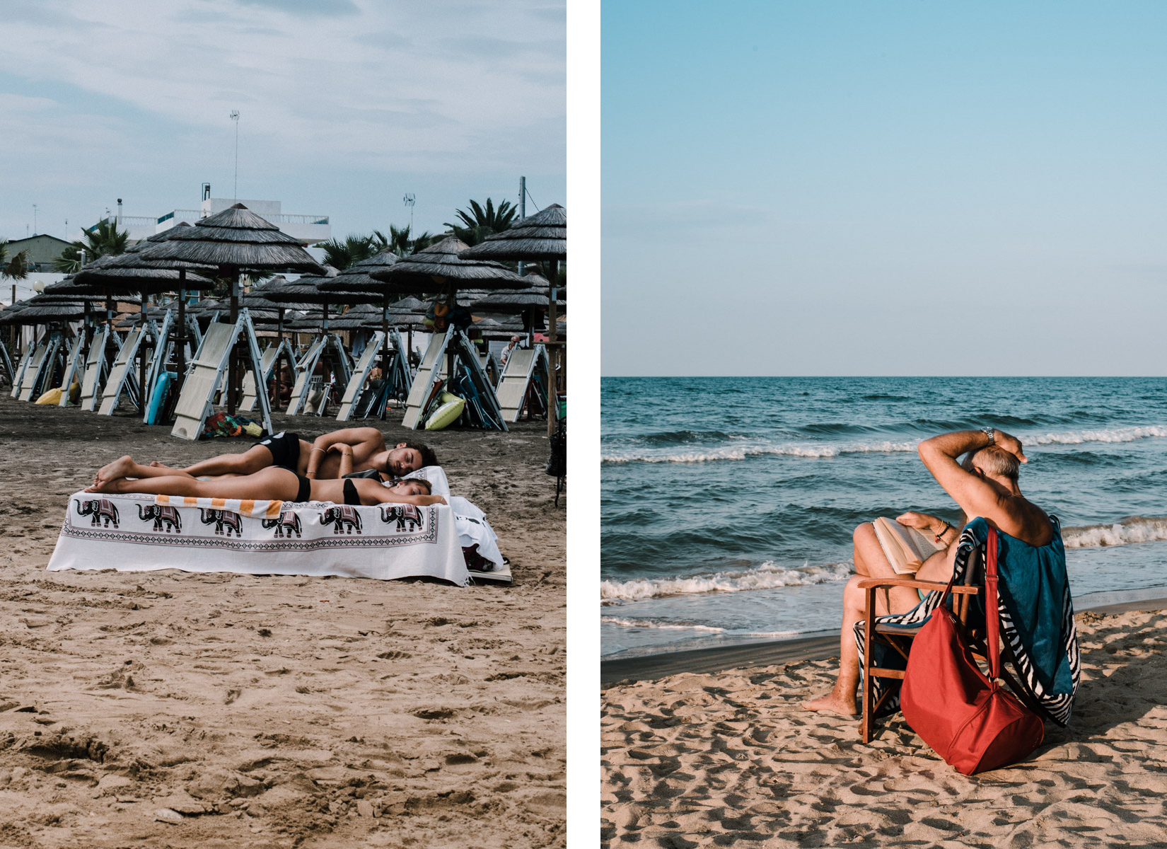 a couple sleeps and relaxes by the sea and a man reads a book on the beach by the sea in the city of Barletta in Apulia, una giovane coppia si rilassa e quasi dorme in spiaggia e un uomo legge un libro in spiaggia davanti al mare a Barletta in Puglia