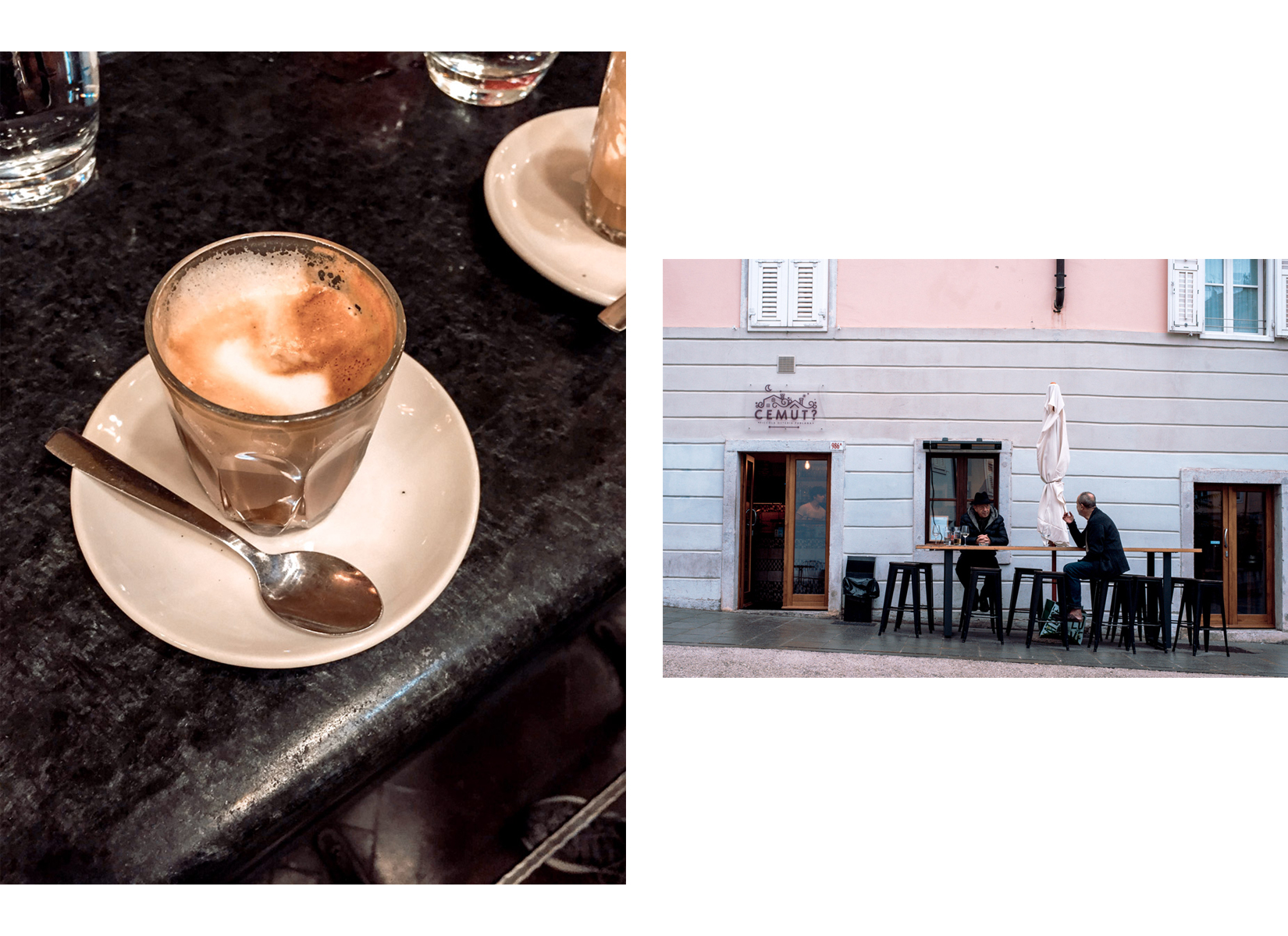 Two old men talking in a bar outside in Trieste and a glass of coffee served in a bar - Due signori parlano al bar in una strada di Trieste e il dettaglio di un caffè servito al banco