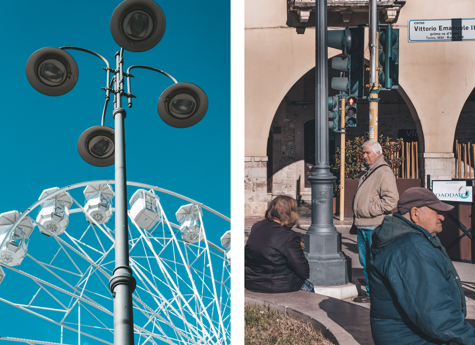 Ferris wheel and people in the street in Barletta, Apulia, ruota panoramica e persone in strada a Barletta, in Puglia